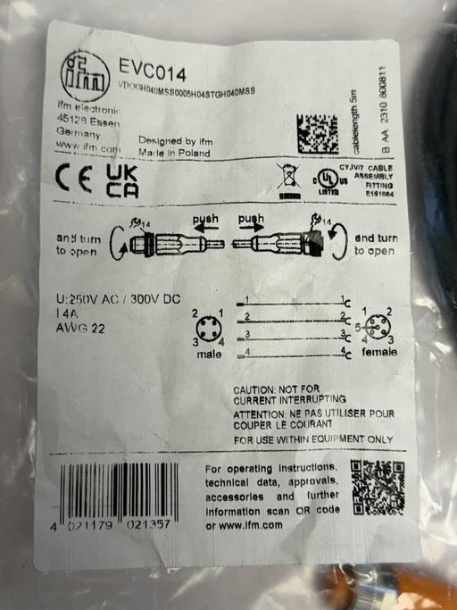 NEW IFM VDOGH040MSS0005H04STGH040MSS CONNECTION CABLE EVC014