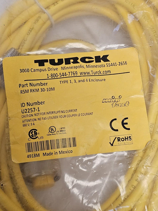 NEW TURCK RSM RKM 30-10M POWER CABLE ID NUMBER: U2257-1 LENGTH 10M
