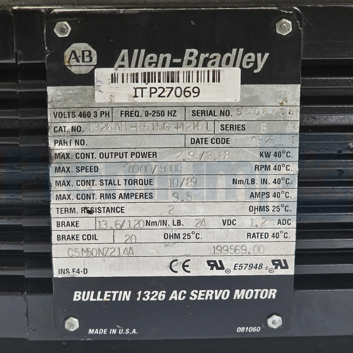Allen Bradley 1326AB-B515G-M2K5L /B 1326 AC Servo Motor 460V 5000RPM Refurbished