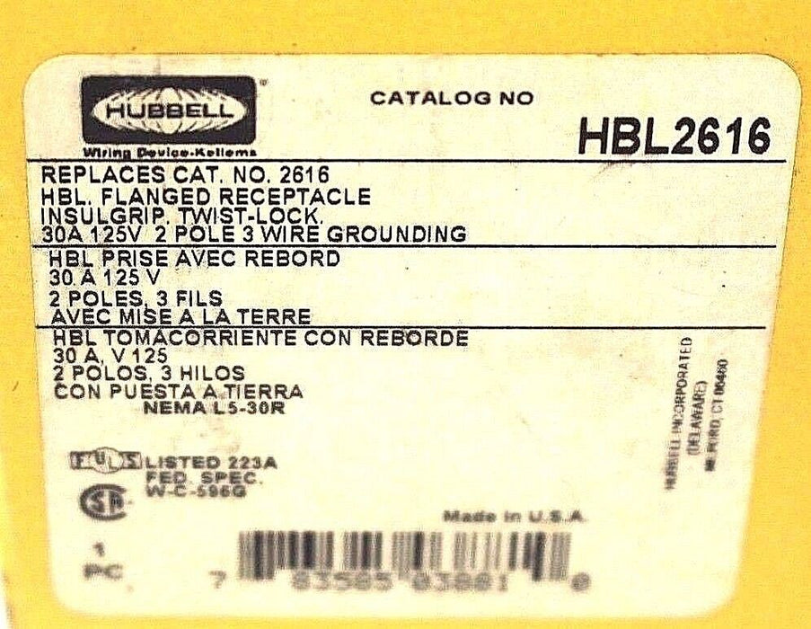 NIB HUBBELL HBL2616 FLANGED RECEPTACLE 30A 125V 2 POLE 3 WIRE CAT. NO. 2616