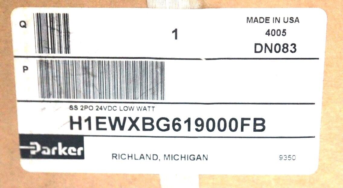 NIB PARKER H1EWXBG619000FB PNEUMATIC VALVE 145PSI MAX, 24VDC, 2.3W MAX, P0293349
